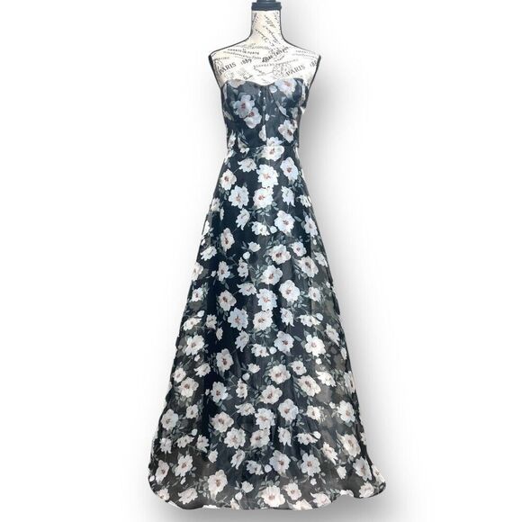 Lulus S Black White Floral Strapless Organza Maxi Dress Corset Wedding Guest - Picture 2 of 11